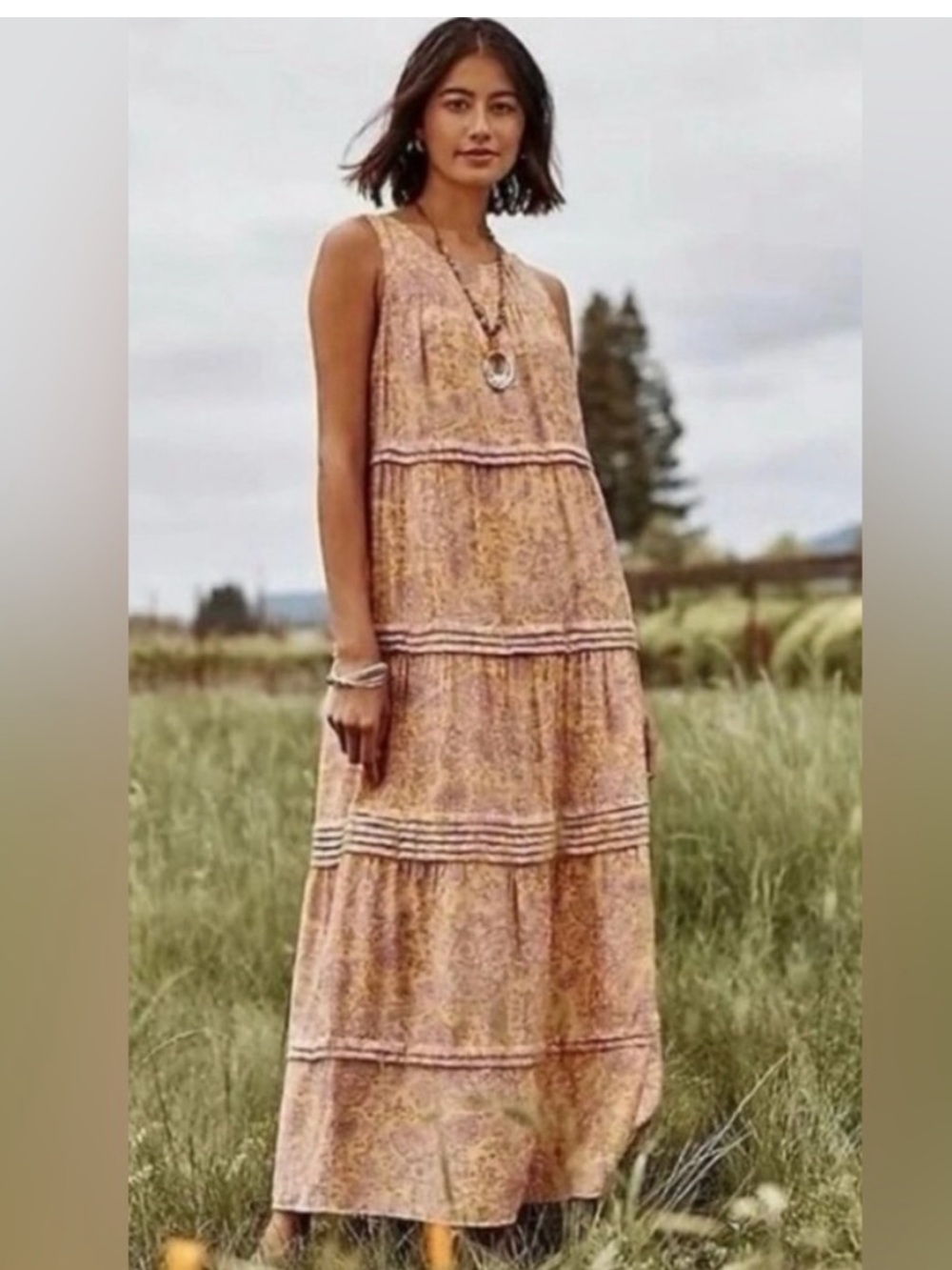 NWT J. Jill Sleeveless Tiered Floral Paisley Peach and Lilac Purple Dress Sz M - Picture 2 of 6